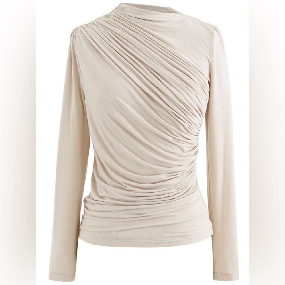 Chicwish Ruched Long Sleeve Top in Cream